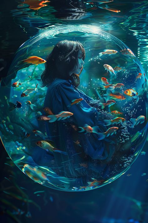 Digital Artwork: Woman in Sphere with Betta Fish Underwater Life Painting, Underwater Surrealism, Sea Surrealism, Ocean Surrealism, Underwater Digital Art, Underwater Reflection, Deep Sea Painting, Jenner Pregnant, Sea Backdrop