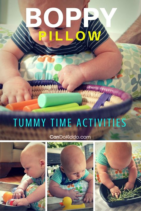 Tons of Boppy Pillow Tummy Time activities for baby play. Great tips from a pediatric Occupational Therapist and mom - reduce risks of Flat Head Syndrome (Plagiocephaly) and promote development and baby milestones. CanDoKiddo.com Tummy Time Activities, Aktiviti Kanak-kanak, Baby Play Activities, Boppy Pillow, Newborn Hacks, Cool Baby, Baby Tips, Time Activities, Baby Sensory