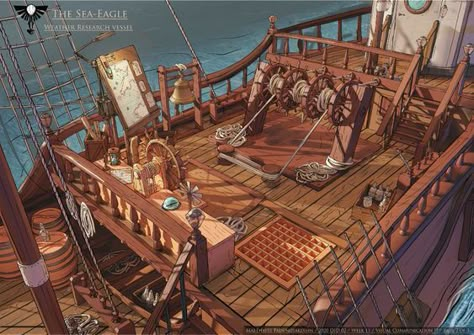 Feng Zhu Design, Ship Deck, Pirate Ship Art, Feng Zhu, Pirate Boats, Set Dressing, Sea Of Thieves, Location Inspiration, Fantasy House