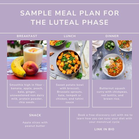 Nourish your body during the luteal phase with these hormone-balancing meals! Start your day with a fiber-packed smoothie, fuel up at lunch with a sweet potato bowl loaded with veggies, and wind down with a comforting butternut squash curry for dinner. Want more ideas to support your cycle? Stay tuned for more phase-specific tips and recipes! And save this post for when you are in your next luteal phase! 🍑⁠ ⁠ *********************************************⁠ Nourrissez votre corps pendant la pha... Meals During Luteal Phase, Luteal Phase Smoothie, Luteal Phase Meals, Luteal Phase Recipes, Sweet Potato Bowl, Squash Curry, Potato Bowl, Butternut Squash Curry, Luteal Phase