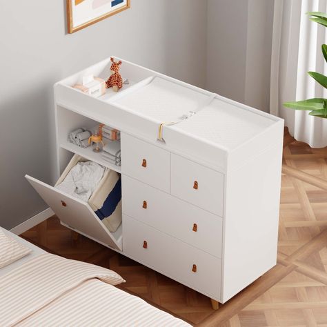 Small Nursery Ideas Space Saving, Baby Storage Ideas, Nursery Dresser Changing Table, Baby Dresser Changing Table, Changing Station Nursery, Nursery Furniture Ideas, White Bedroom Dresser, Changing Table Top, White Dresser Bedroom