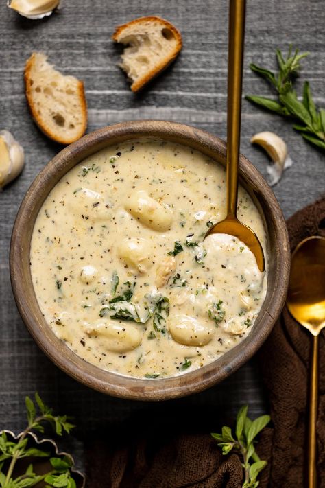 Creamy Garlic Chicken Gnocchi Soup Garlic Chicken Gnocchi, Chicken Gnocchi, Creamy Garlic Chicken, Chicken Gnocchi Soup, Gnocchi Soup, Soup Season, Creamy Garlic, Creamy Soup, Garlic Chicken