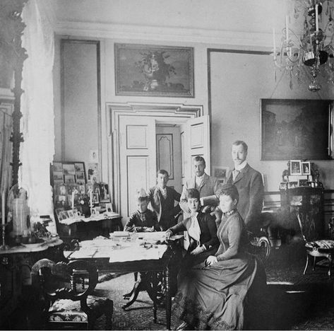 Prince George, Tsarevich Nicholas, Prince Albert Victor, Queen Louise of Denmark, Queen Alexandra and Empress Maria Feodorovna. Marlborough House, Russian Interiors, Alexei Romanov, Claude Debussy, Maria Feodorovna, Victorian Interior, Victorian Interiors, Queen Alexandra, Romanov Dynasty