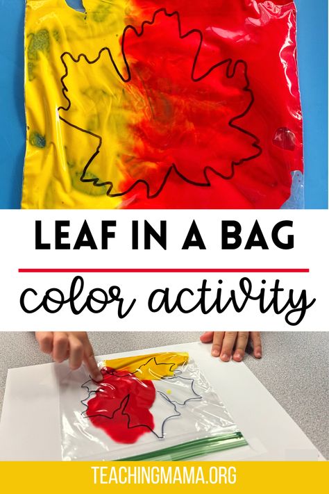 Work on fine motor skills and teach students about color mixing with this fun Leaf in a Bag activity! Infant Leaves Activities, Sensory Leaf Painting, Open Ended Fall Activities For Preschool, Fine Motor Leaf Activities, Harvest Fine Motor Activities, Leaf Centers Preschool, Red Leaf Yellow Leaf Activities, Leaf Sensory Activities, Leaves Art Preschool