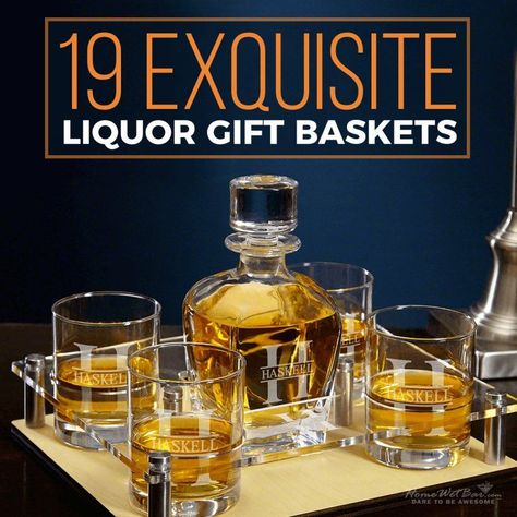 These liquor gift baskets make the perfect gifts that the recipients will love. #liquorgiftbaskets #giftbasket #alcoholgifts Whiskey Basket Ideas, Liquor Gift Baskets Men, Whiskey Gift Basket, Bourbon Gifts Basket, Drink Gift Basket, Alcohol Basket, Whiskey Gifts Basket, Gift Baskets For Her, Booze Gift