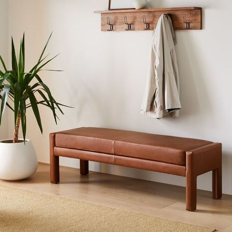 Leather Bench Entryway Decor, Leather Entryway Bench, Small Bench Entryway Ideas, Bench In Entryway, Small Entry Bench, Low Credenza, Storage Bench Entryway, Sf House, West Elm Bench