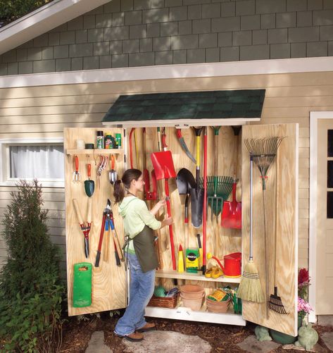 This Garden Tool Cabinet Clears Out Clutter & Adds Convenience Side Path, Outdoor Tool Storage, Outdoor Garden Storage, Garden Tool Rack, Tool Storage Cabinets, Outdoor Storage Bench, Garden Tool Organization, Garden Tool Shed, Yard Tools