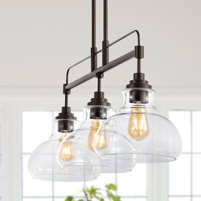 JONATHAN Y Marlowe Industrial Rustic 3-Light Oil Rubbed Bronze/Clear Farmhouse Clear Glass Linear LED Pendant Light in the Pendant Lighting department at Lowes.com Kitchen Island Small, Coastal Farmhouse Kitchen, Kitchen Table Lighting, Farmhouse Industrial, Farmhouse Light Fixtures, Industrial Interior Design, Dining Room Light Fixtures, Farmhouse Kitchen Design, Kitchen Lighting Fixtures