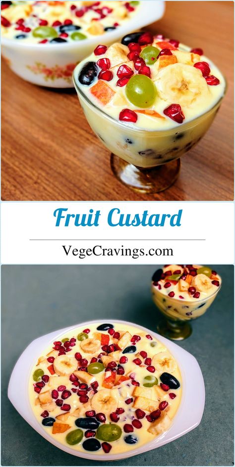 Mixed fruit salad with custard sauce. Custard Fruit Salad, Indian Fruit Salad Recipe, Mixed Fruit Salad, Fruit Custard Recipe, Fruit Salad Ingredients, Falooda Recipe, Fruit Custard, Fruit Pudding, Kulfi Recipe