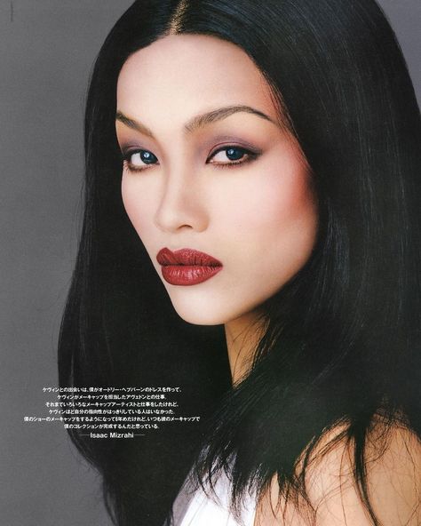 Valerie Celis for Hi Fashion Magazine taken in NY in 1995 (photographer unknown at the moment). Makeup by Kevyn Aucoin, hair by Satotomita and Tomita Sato, and editor Yumiko Haba. (#ValerieCelis #HiFashionMagazine #KevynAucoin #Satotomita #TomitaSato #YumikoHaba #1995 #Fashion #90s) Kevyn Aucoin Makeup 90s, Kevin Acoin 90s Makeup, Kevin Aucoin Makeup Looks, Office Siren Aesthetic Makeup, Office Siren Makeup, Office Siren Aesthetic, Bold Red Lip Makeup, 90s Beauty, Kevyn Aucoin Makeup