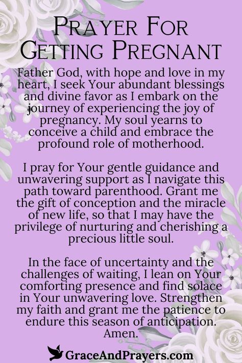 As you stand on the threshold of potential parenthood, let a prayer guide your aspirations to conceive, asking for God’s loving intervention and blessing.  Request strength, patience, and the gift of fertility, trusting in His perfect timing to fulfill your heart's deepest desire for a child.  Grace and Prayers is your spiritual companion, offering prayers for getting pregnant and embracing the journey with faith. Praying To Conceive, Prayers To Become Pregnant, Prayers For Trying To Conceive, Prayer For Conceiving Baby, Prayers For Fertility Pregnancy, Prayer To Conceive Baby, Prayers To Get Pregnant, Pregnancy Prayer Fertility, Prayer For Fertility Pregnancy