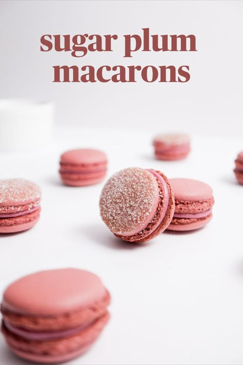 purple plum macarons on white surface Christmas Macaron Recipe, White Chocolate Ganache Filling, Plum Dessert, French Macaroon Recipes, Christmas Macarons, Macarons Macaroons, Ganache Filling, Chocolate Ganache Filling, Macaron Flavors