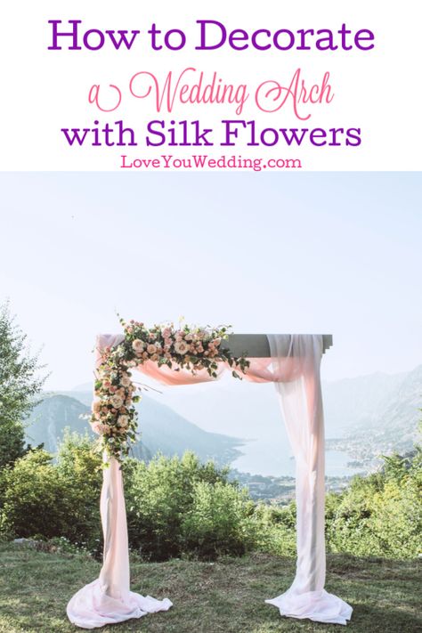 Wedding Arch Flowers And Fabric, Diy Silk Flower Arrangements Wedding, How To Put Flowers On An Arch, How To Make A Floral Arrangement For A Wedding Arch, How To Decorate Arch For Wedding, Wedding Arch Decorations Diy, How To Decorate An Arch For A Wedding, Decorated Wedding Arches, Metal Wedding Arch Ideas