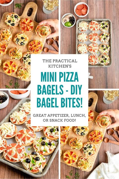 Mini Pizza Bagels In Oven, Diy Bagel Bites, Pepperoni Bagel, Mini Bagel Appetizers, Homemade Bagel Bites, Mini Pizza Bagels, Mini Bagel Pizza, Bagel Bites Recipe, Bagel Pizza