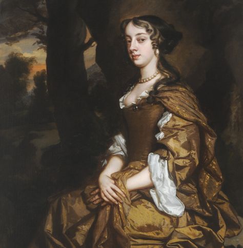 'SARAH WYNNE, LADY HOUBLON' BY SIR PETER LELY (1618-1680) Oil on canvas. Sarah Wynne became the wife of Sir James Houblon, appointed Director of the newly formed Bank of England in 1694, and also a friend of Samuel Pepys. The painting is typical of Lely's style with the rich silken dress, the still pose and the classically inspired landscape as a backdrop. Cannon Hall Museum collection. Maria Theresa Of Spain, British Aristocracy, Queen Mary Ii, 17th Century Portraits, Coronation Robes, 17th Century Fashion, Maria Theresa, Historical Women, Pastel Grey