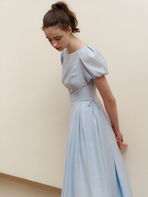 Designer fashion, Seoul-fully created | W Concept Boat Neckline Dress Casual, Blue Puffed Sleeve Dress, Fem Style, 40s Mode, Reign Fashion, Cinderella Dress, Haine Diy, Cinderella Dresses, Fairytale Dress