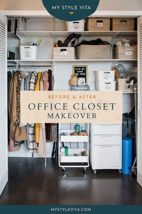 Before & After - Home Office Closet Makeover | My Style Vita #oranizingtips #closetcleanout #springcleaning Closet Filing System, Office Storage In Closet, Closet Organization Ideas Office, Closet For Office Storage, Multipurpose Closet Organization, Closet Storage For Office, Office Closet Storage Ideas, Office Storage Closet Organization, Small Office Closet Organization