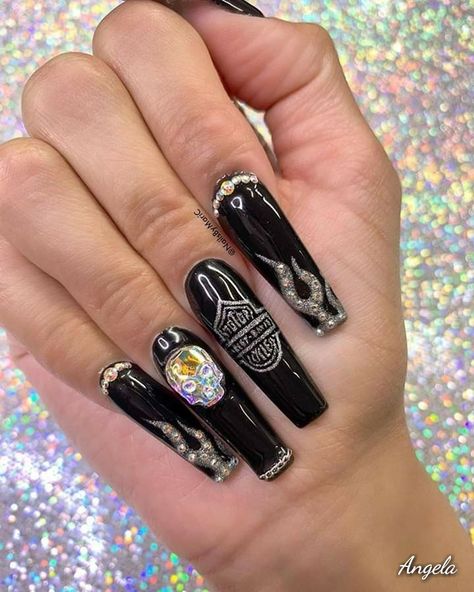 Biker Chic Nails, Harley Nails Designs Art Ideas, Sturgis Nail Design, Biker Nails Designs Harley Davidson, Harley Nails Designs, Harley Davidson Nails Ideas, Yamaha Nails, Motorcycle Nails Designs, Harley Davidson Nails Design