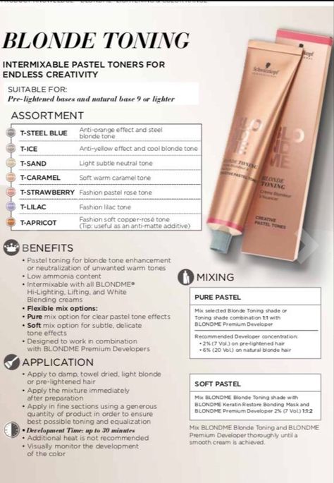 Schwarzkopf Blonde Toner Formulas, Pink Champagne Hair Color, Schwarzkopf Toner Formulas, Schwarzkopf Formulas, Schwarzkopf Hair Color Chart, Palette Hair Color, Toner Formulas, Caramel Blonde Hair Color, Beauty School Cosmetology