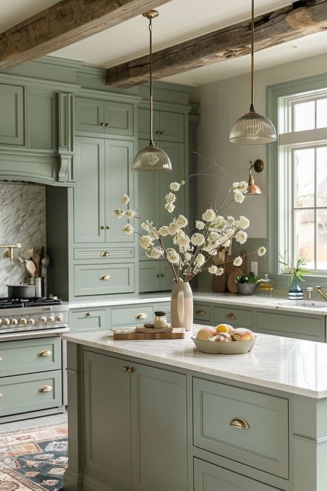 23 Green Country Kitchen Designs: Farmhouse Charm Meets Modern Elegance Green Country Kitchen, Timeless Kitchens, Light Green Kitchen, Sage Kitchen, Sage Green Kitchen, Country Kitchen Designs, Green Kitchen Cabinets, Casa Country, Green Cabinets