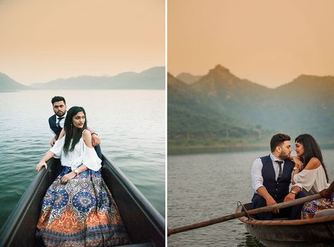 A Pre Wedding Photoshoot at Udaipur for Hinal & Jigyasu of WeddingSutra. Photo Courtesy - Picture Together #WeddingSutraP2W Couple Poses In Boat, Boat Prewedding Shoot, Pre Wedding Photoshoot In Boat, Jaisalmer Prewedding Photography, Pre Wedding Boat Poses, Udaipur Prewedding Photography, Udaipur Couple Photography, Boat Pre Wedding Shoot, Udaipur Pre Wedding Shoot