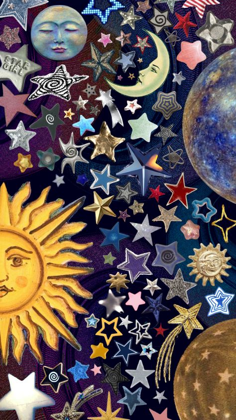 #whimsigothic #vintage #sun #moon #star Phone Backgrounds Vintage, Vintage Sun, Abstract Iphone Wallpaper, Celestial Art, Collage Background, Painting Collage, Wallpaper Gallery, Phone Wallpaper Patterns, Star Wallpaper