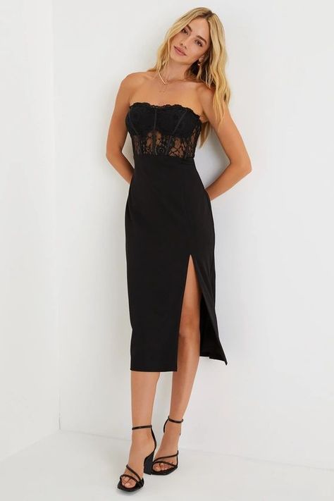 Exquisitely Sultry Black Lace Strapless Bustier Midi Dress | Lulus Lace Bandeau Top, Bustier Midi Dress, Midi Dress Floral, Nye Dress, Strapless Bustier, On Date, Lace Bandeau, New Years Eve Dresses, Eve Dresses