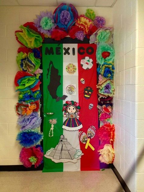 Travel Classroom Theme Ideas - Bulletin Boards, Decor, and More Hispanic Month Door Decoration, Mexico Classroom Door, Hispanic Heritage Door Decoration, Hispanic Heritage Month Crafts, Teacher Door Decorations, Travel Theme Classroom, Hispanic Heritage Month Activities, Spanish Classroom Decor, Christmas Classroom Door