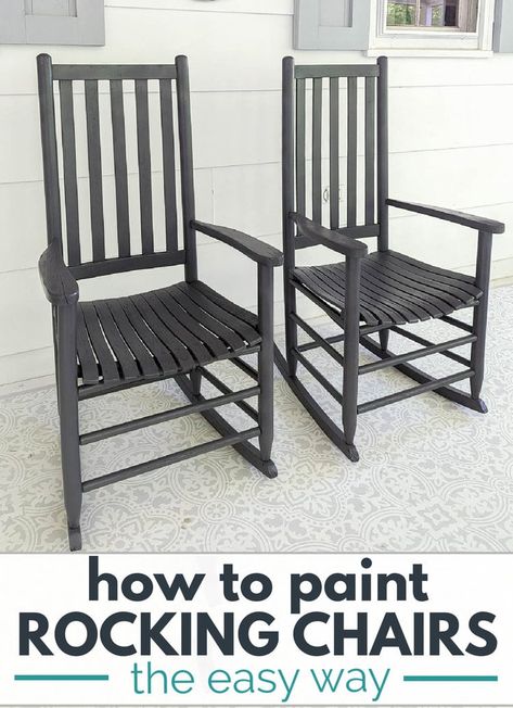 Learn how to paint rocking chairs and other wooden chairs with this simple step-by-step tutorial plus video tutorial. I'm sharing the easiest way to paint rocking chairs along with tips for getting a great finish. Redoing Old Rocking Chairs, Painting Rocking Chairs Diy Wood, Refinish Rocking Chair, Painting Rocking Chairs Diy, Rocking Chair Paint Ideas, Front Porch Decor Rocking Chairs, Old Rocking Chair Makeover, Painting Rocking Chairs, Wooden Rocking Chair Makeover