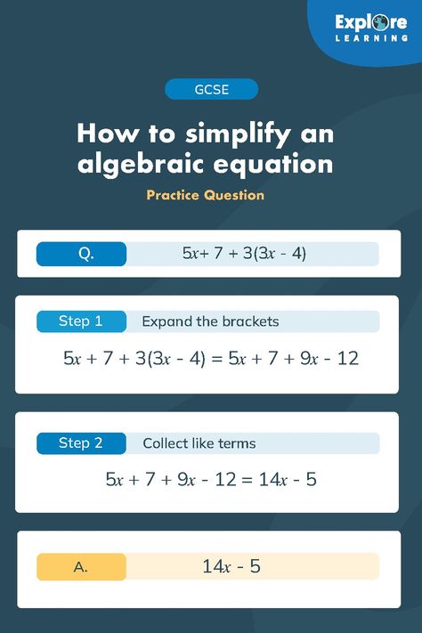 🧠 Simplifying Algebraic Equations 101: Maths Made Easy! ✨ 1️⃣ Expand the brackets 2️⃣ Collect like terms In our example, we start by expanding the brackets: the 3 in front means we need to multiply everything inside by 3. Then, we collect like terms: everything with an x can be added to make 14x, and 7 and -12 are added to make -5. Our answer is 14x - 5 Ready to conquer algebra? Join our tuition sessions for personalised guidance! 📝📚 #Algebra #SimplifyEquations #LearnWithUs Simplify Math, Algebraic Equations, Math Made Easy, Algebra Equations, How To Simplify, Like Terms, Math Methods, Equations, School Stuff