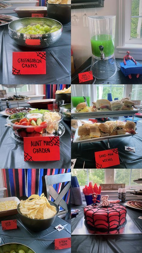 Spiderman Halloween Birthday Party, Marvel Birthday Party Food Ideas, Spiderman Themed Food Ideas, Outside Spiderman Birthday Party, Spiderman Party Foods, Marvel Superheroes Birthday Party, Spidey And Friends 3rd Birthday, Spidey And His Amazing Friends Birthday Theme, Spiderman Movie Night Food