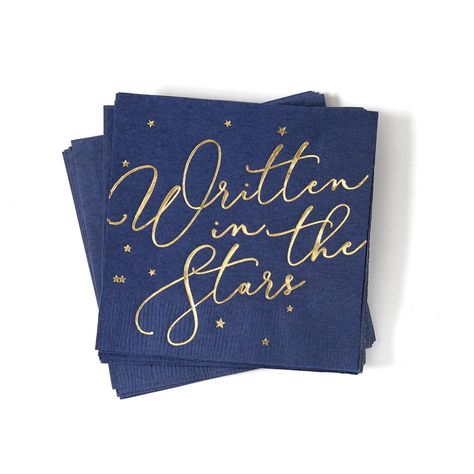 PRICES MAY VARY. 3 ply high quality napkins Features Shiny Foil Printing Designed and printed in the USA Sized approxiamately 5" x 5" Use to serve drinks, dessert and hors d'oeuvres Ideal for a star themed party Use for a wedding, shower or engagement party Elevate your milestone celebrations with these enchanting "Written in the Stars" beverage napkins. Imprinted in gleaming gold, they're perfect for weddings, showers, and grand occasions, serving drinks, desserts, and appetizers with a touch o Celestial Wedding Invitations, Star Themed Wedding, Celestial Wedding Theme, Matric Farewell, Galaxy Wedding, Starry Night Wedding, Prom Themes, Moon Wedding, Written In The Stars