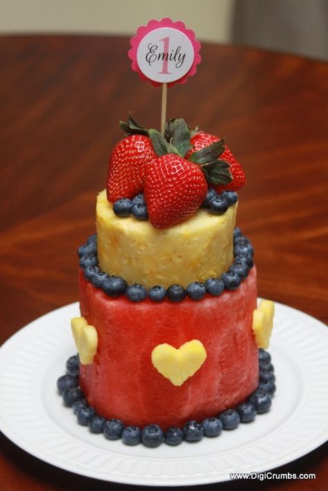 DigiCrumbs: Layered Watermelon Fruit Cake - First Birthday Cake made of Fresh Fruit! Fruit Only Cake, Cake Made From Fruit Only, Real Watermelon Cake, Fruit Cake For Baby, Cake Of Fruit, Cakes Made Of Fruit, Birthday Cake Ideas With Fruit, Cake Made With Fruit, Fruit Bday Cake