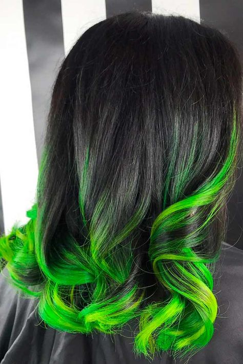 Black Green Ombre Hair, Tips Colored Hair, Ends Colored Hair, Black And Green Ombre Hair, Cool Toned Rainbow Hair, Colored Ombre Hair For Brunettes, Colored Hair With Black Tips, Colourful Ombre Hair, Black To Green Ombre Hair