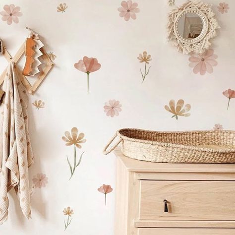 Flower Room Inspiration, Nursery With Decals, Girly Neutral Nursery, Boho Flower Decals, Nursery With Greenery, Wildflower Wall Decals, Arch Decal Nursery, Subtle Pink Nursery, Floral Theme Nursery