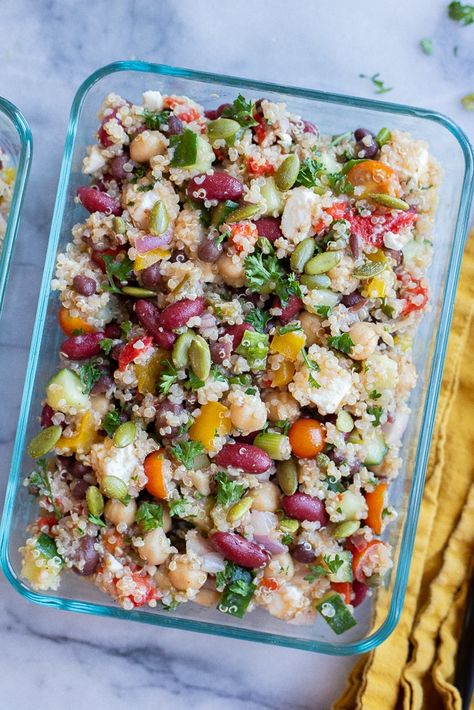 Bean Quinoa Salad, Quinoa Salads, Meal Prep Lunches, Bean Quinoa, Potluck Side Dishes, Veggies Recipes, Vegan Feta Cheese, Meal Prep Lunch, Easy Protein