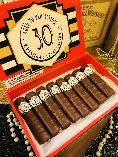 Cigars Theme Party, Twix Cigars Party Ideas, Gatsby Party For Men, 30th Birthday Great Gatsby Theme, 30th Great Gatsby Birthday, Great Gatsby 30 Birthday Party, Roaring 60s Party, Grate Gatsby Outfits, Gatsby Themed Party Food