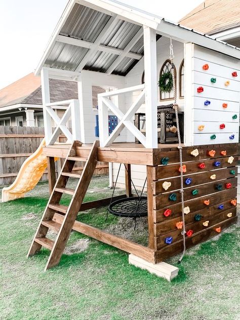 Play Set Landscaping – Backyard Makeover - davidreed.co Play Set Landscaping, Kids Playhouse Outdoors, Kids Backyard Playground, Play Area Backyard, Backyard Kids Play Area, Tree House Diy, Landscaping Backyard, Backyard Playhouse, Diy Playground