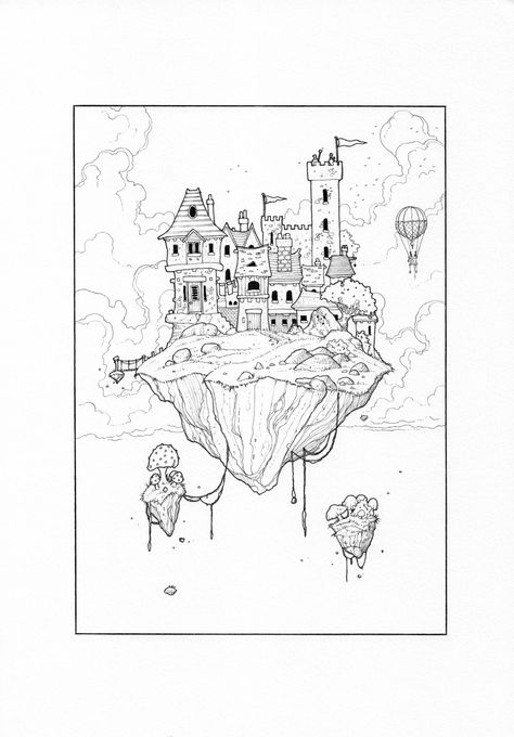 Floating Castle Drawing, Floating Castle, Castle Drawing, Floating Island, Pen Art Drawings, Drawing Cartoon, Journal Themes, Tree Tattoo, Pen Art