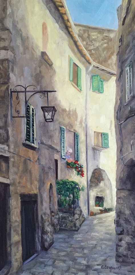 Narrow Lane in an Italian Village by Andree Ferguson, Oil, 24 x 12 x 11/2 Italian Village Painting, Watercolor Village, Italian Artwork, Italian Wallpaper, Village Painting, Watercolor House Painting, Mediterranean Art, Italy Street, Italian Street