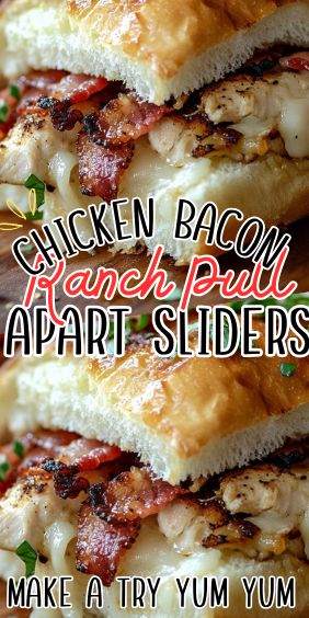 Chicken Bacon Ranch Pull-Apart Sliders Chicken Bacon Ranch Pull Apart Rolls, Sliders Chicken Bacon Ranch, Chicken Bacon Ranch Sliders Crockpot, Chicken Ranch Sliders, Chicken Sliders Recipes, Ranch Bread, Pulled Chicken Sliders, Chicken Bacon Ranch Sliders, Pull Apart Sliders