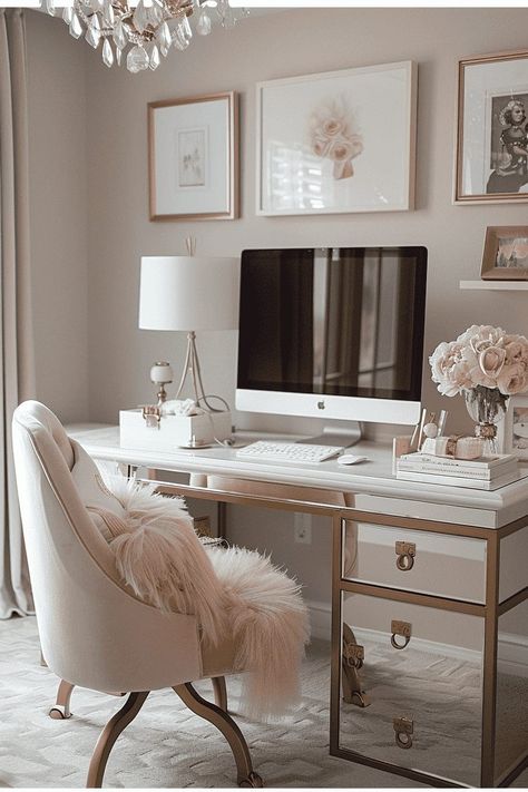 Glamour Home Office, Boho Glam Home Office, Fancy Desk Ideas, Boho Glam Office Decor, White And Gold Office Ideas, Creative Workspace Studio, Desk Feminine, Girlie Office, Feminine Home Office Classy