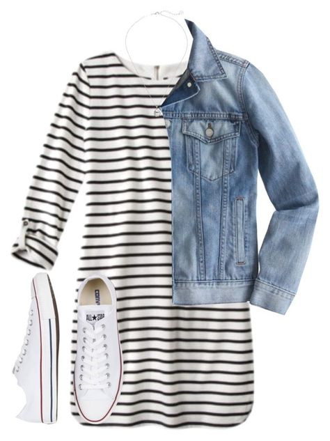 "casual dress" by tabooty ❤ liked on Polyvore featuring Kendra Scott, J.Crew and Converse Jean Dress Outfits, Mode Ab 50, Vetements Shoes, Rainy Day Outfits, Converse Outfit, Jean Jacket Outfits, Striped T Shirt Dress, Stripe Outfits, Day Outfits