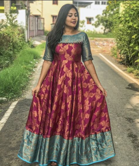 Frocks With Pattu Saree, Saree Umbrella Dress, Saree To Long Frock Designs, Pattu Saree Frocks Designs, Indian Long Frocks With Sarees, Frock From Saree Ideas, Saree Long Frock Designs Latest, Long Frock Designs For Wedding, Pattu Saree Dress Designs