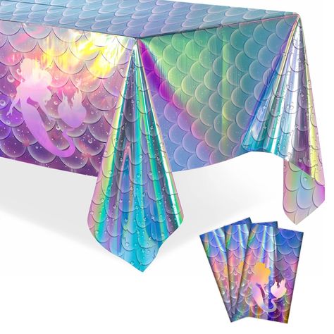 PRICES MAY VARY. 🧜‍♀️ Gorgeous Mermaid Scale Design: Has a holographic pattern that shines under party lights, adding magic to any celebration. 🛡️ Tough and Easy to Clean: Made from top-notch PE material, it's waterproof, scratch-resistant, and wipes clean effortlessly, keeping tables tidy. 📏 Fits Most Tables: Each tablecloth measures 54 x 108 inches, ideal for most rectangular tables seating 8-10 guests. 🎉 Perfect for Parties: Ideal for kids' birthdays, baby showers, and ocean-themed events Mermaid Birthday Party 5, Little Mermaid 4th Birthday Party, Mermaid 3rd Birthday Party, Raingutter Regatta, Mermaid Table, Little Mermaid Birthday Party, Mermaid Pool, Mermaid Birthday Decorations, Mermaid Birthday Party Decorations