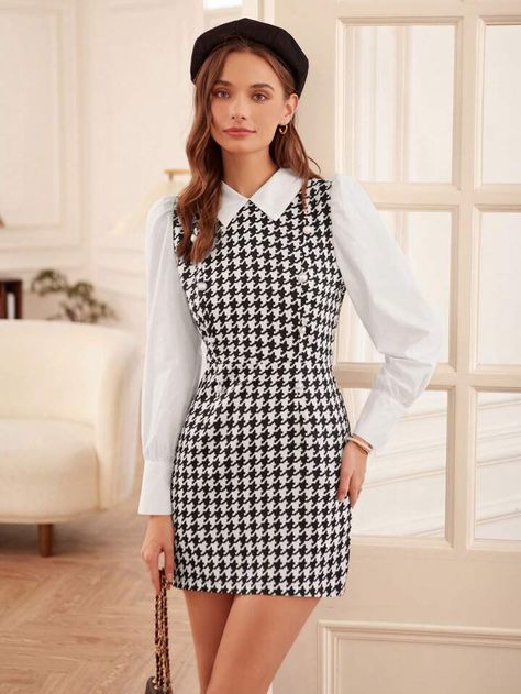 SHEIN Privé Houndstooth Print Contrast Collar 2 In 1 Dress | SHEIN USA Elegant Spring Mini Dress With Houndstooth Pattern, Elegant Fitted Houndstooth Dress, Elegant White Houndstooth Pattern Dress, Fitted Mini Dress With Houndstooth Pattern, Fitted Sleeveless Mini Dress With Houndstooth Pattern, Black And White Short Dresses, Contrast Collar Dress, Dress Shorts Outfit, Houndstooth Dress