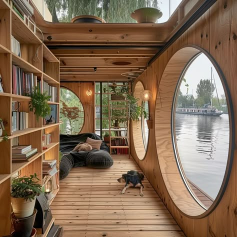 Boat House Decorating Ideas, Barge Living, House Boat Living, Tiny House Boat, Boat House Ideas, Office Ceiling Design, Boathouse Design, Winter Planters, Wooden Ceiling Design