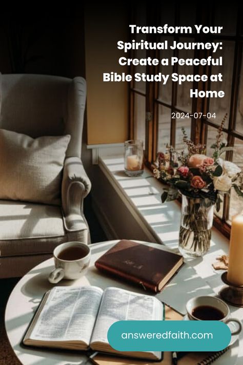 Cozy Bible study space with armchair, open book, coffee, candle, and flowers by a window. Bible Study Area At Home, Bible Study Room Ideas, Bible Study Corner, Bible Study Schedule, Study Partner, Practical Organization, Study Spaces, Motivational Decor, Study Corner