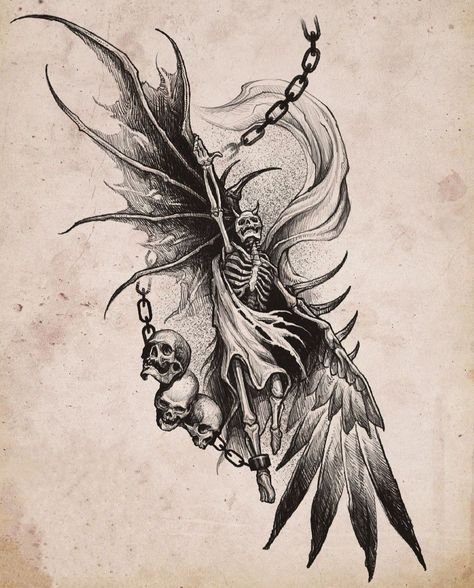 Haunting Tattoos Beautiful, Skull With Wings Tattoo, Wing Skeleton, Thigh Piece Tattoos, Evil Skull Tattoo, Line Tattoo Ideas, Choose Her, Skull Art Drawing, Scary Tattoos