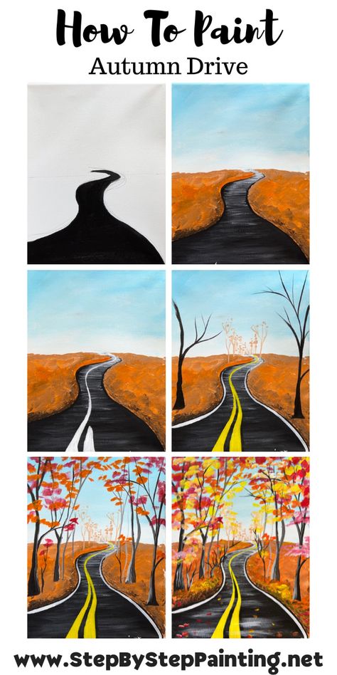 How To Paint "Autumn Drive" - Acrylic Painting Tutorial Grade 4 Painting Ideas, 5x7 Painting Ideas Easy, Fall Paint Projects For Kids, Simple Autumn Painting Ideas, Autumn Paint And Sip Ideas, Fall Themed Paint And Sip, Draw Autumn Ideas, Fall Art Painting Canvases, Fall Painting Acrylic Easy